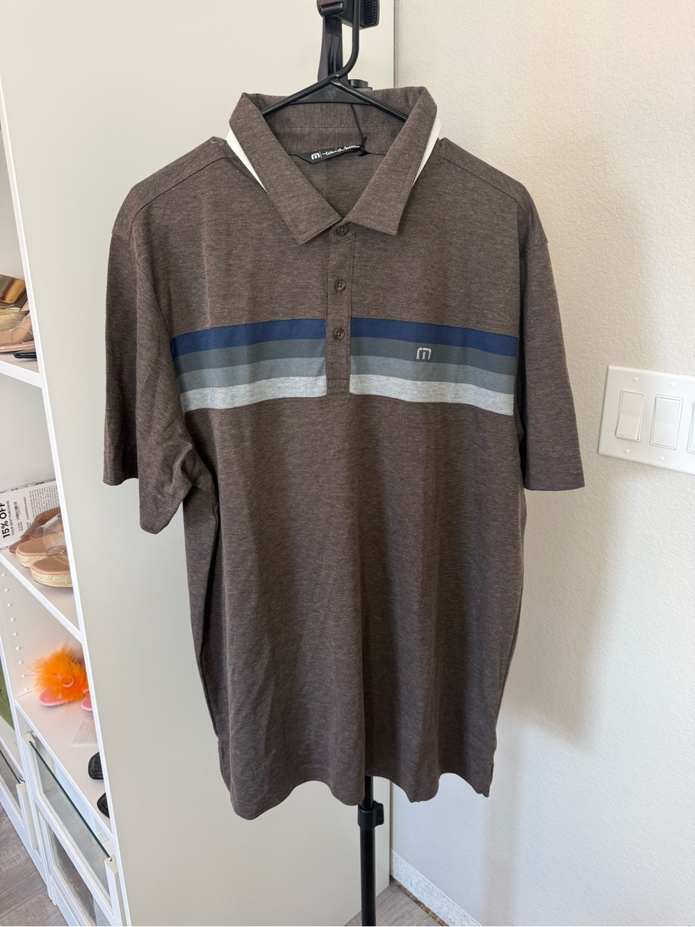 Travis Mathew Brown Polo with Blue and Gray Stripes